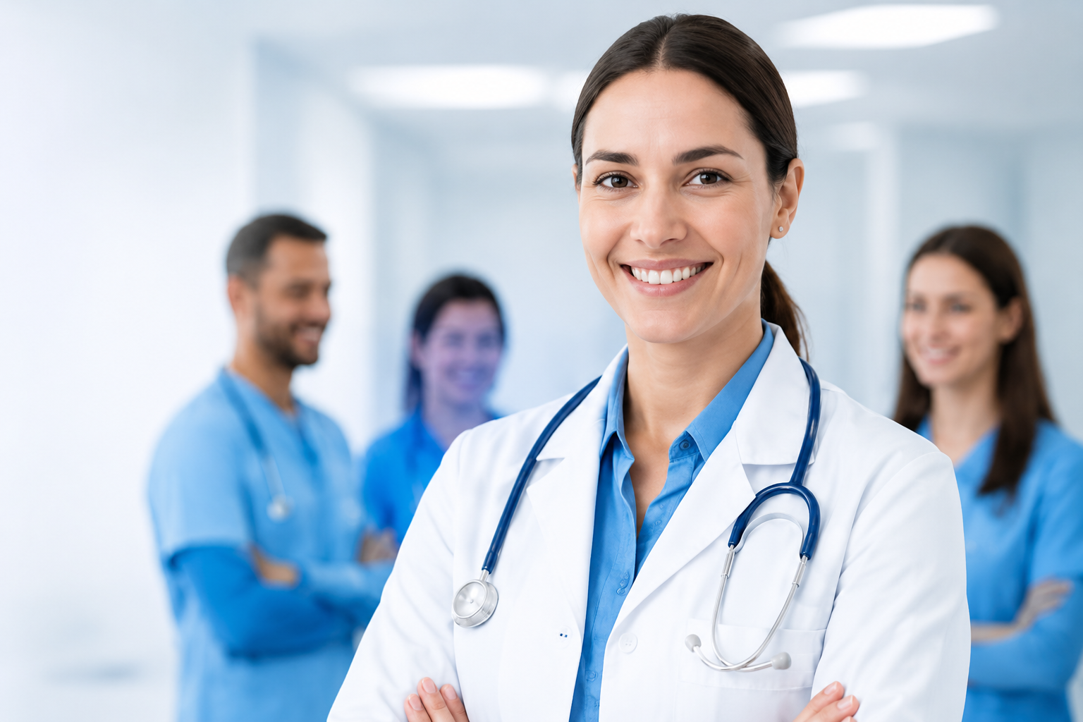 Friendly doctor with clinical team in the background